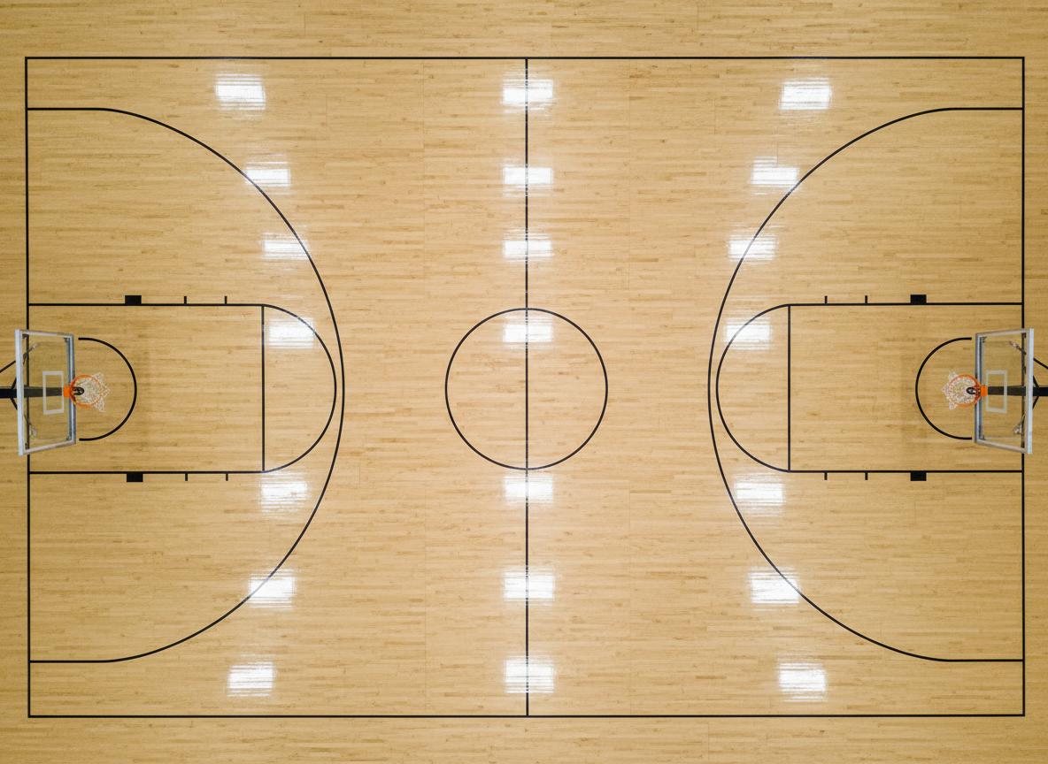 Aerial view of FIBA Level 1 basketball court with maple sprung wood flooring and cushioned acrylic surface