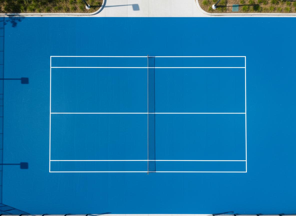 Aerial view of pickleball court with acrylic hard court surface and regulation net posts